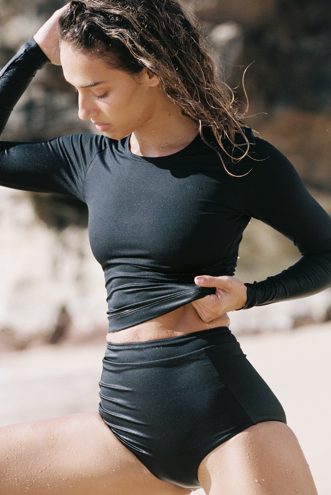 Poppler Crop Rash Guard Top - Jet Rib | Sustainable Swimwear